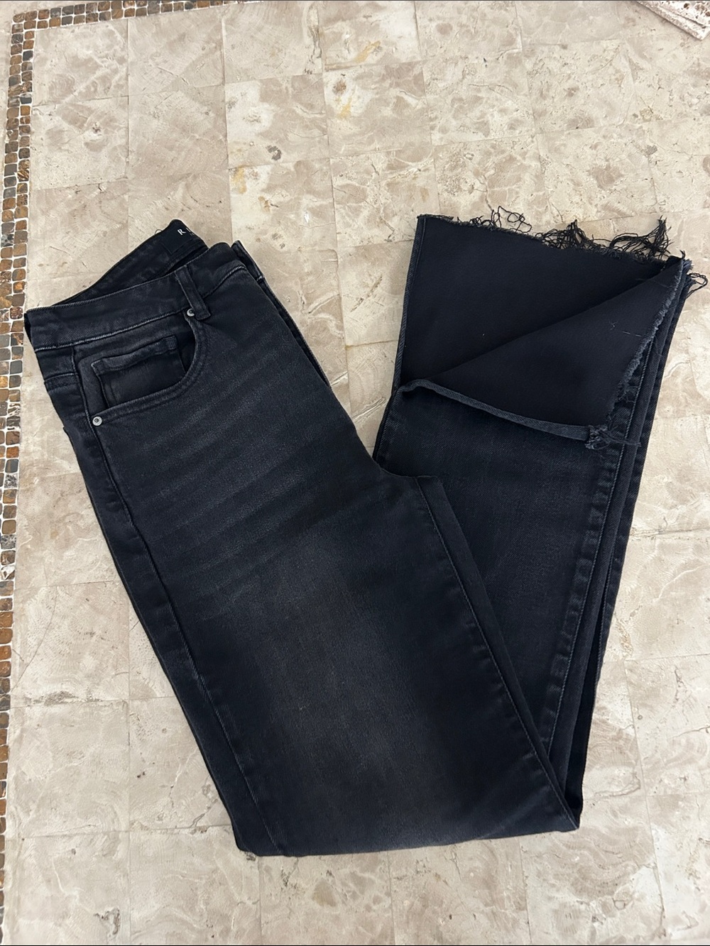 Risen Los Angeles Black High Rise Flare Raw Hem Jeans slit bottom legs Size 7/28 - Picture 6 of 12